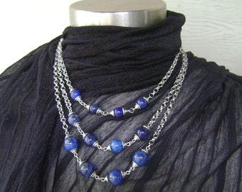 Lapis Lazuli Stone Beaded Tri-Layered Silver Chain Necklace