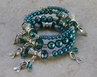 Ovarian Cancer Awareness Glass Crystal & Pearl Charm Beaded Silver Wrap Bracelet