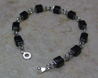 Herren schwarz Glas Platz Bead & Kette verknüpften Silber Armband