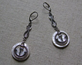 Nautical Mother Of Pearl Silver Anchor & Rope Charm Earrings