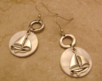 Nautical Mother Of Pearl Silver Sailboat Charm Earrings