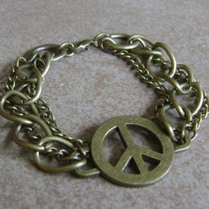 Golden Bronzed Peace Symbol Three Chain Linked Bracelet