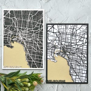 MELBOURNE, plan des rues découpé au laser – oeuvre d'art murale personnalisable | Papier cartonné A4 | Plan de la ville personnalisé pour un anniversaire, un voyage ou un cadeau de pendaison de crémaillère