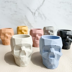 Könnte beinhalten: Eine Sammlung geometrischer Schädel-Pflanzgefäße in verschiedenen Farben, darunter Weiß, Rosa, Gelb, Grau und Blau. Diese dekorativen Pflanzgefäße sind aus Beton gefertigt und eignen sich für kleine Pflanzen oder Sukkulenten. Die Pflanzgefäße haben ein modernes, minimalistisches Design.