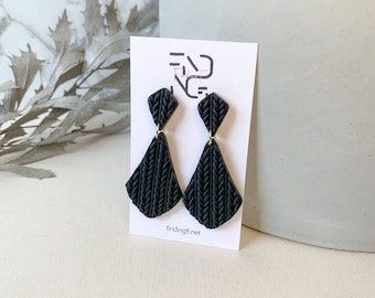 Knitted Jet Black Statement Earrings | handmade polymer clay | stainless steel