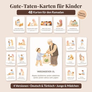 Karty z dobrymi uczynkami na Ramadan dla dzieci | 48 kart do druku | Wypełniacz do kalendarza | Język niemiecki i turecki
