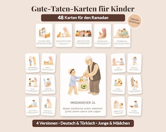 Ramadan Good Deeds Cards for Kids | 48 Printable Cards | Calendar Filler | German & Turkish