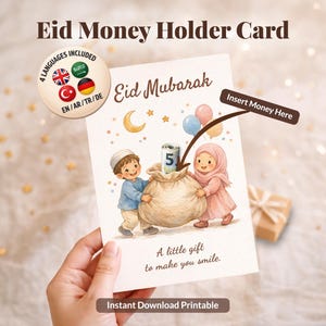 Eid Money Holder Card for Kids, 4 Languages Printable Eid Mubarak Money Gift Card, Arabic English Turkish German Eid Gift, Islamic Eid Card