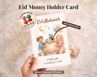 Eid-geldkaart voor kinderen, printbare Eid Mubarak-geldkaart in 4 talen, Arabisch, Engels, Turks, Duits, Eid-cadeau, islamitische Eid-kaart