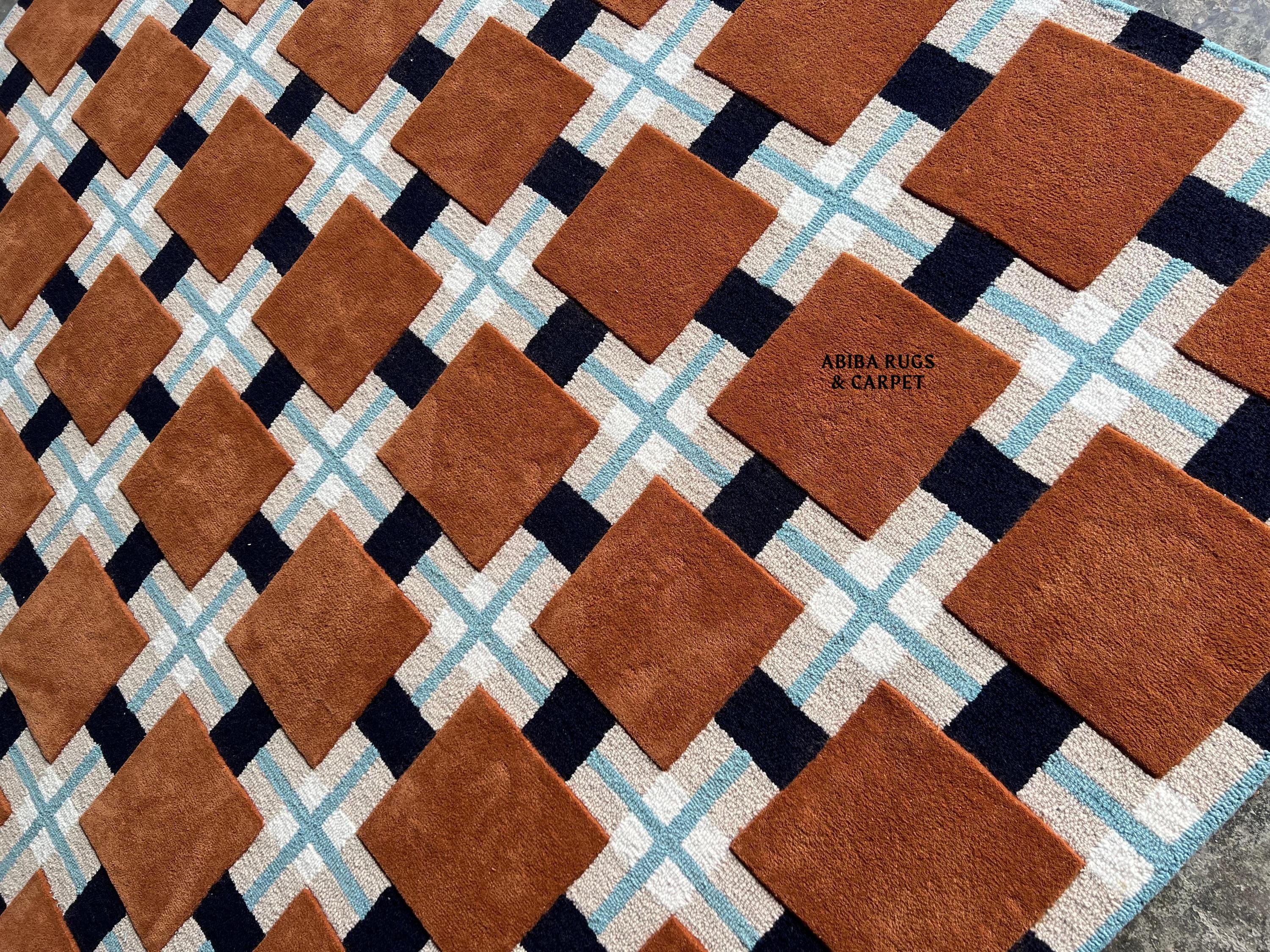Geometric Handmade Wool Rug | Brown Square & Grid Design | Modern ...