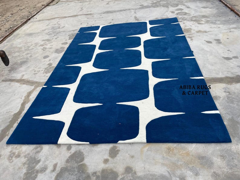 Modern Blue Abstract Rug – Handmade Wool Carpet With White Retro Mid ...