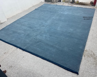 Handloom Solid Blue Wool Rug | Minimalist Area Carpet | Modern Handmade Floor Rug | Living Room Decor | Abiba Rugs & Carpet