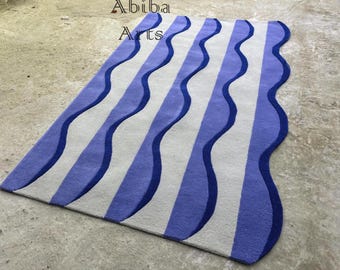 Wavy Stripe Scalloped Edge Tufted Rug | Groovy Purple & Blue Maximalist Carpet, Custom Retro Funky Bedroom Decor Mat
