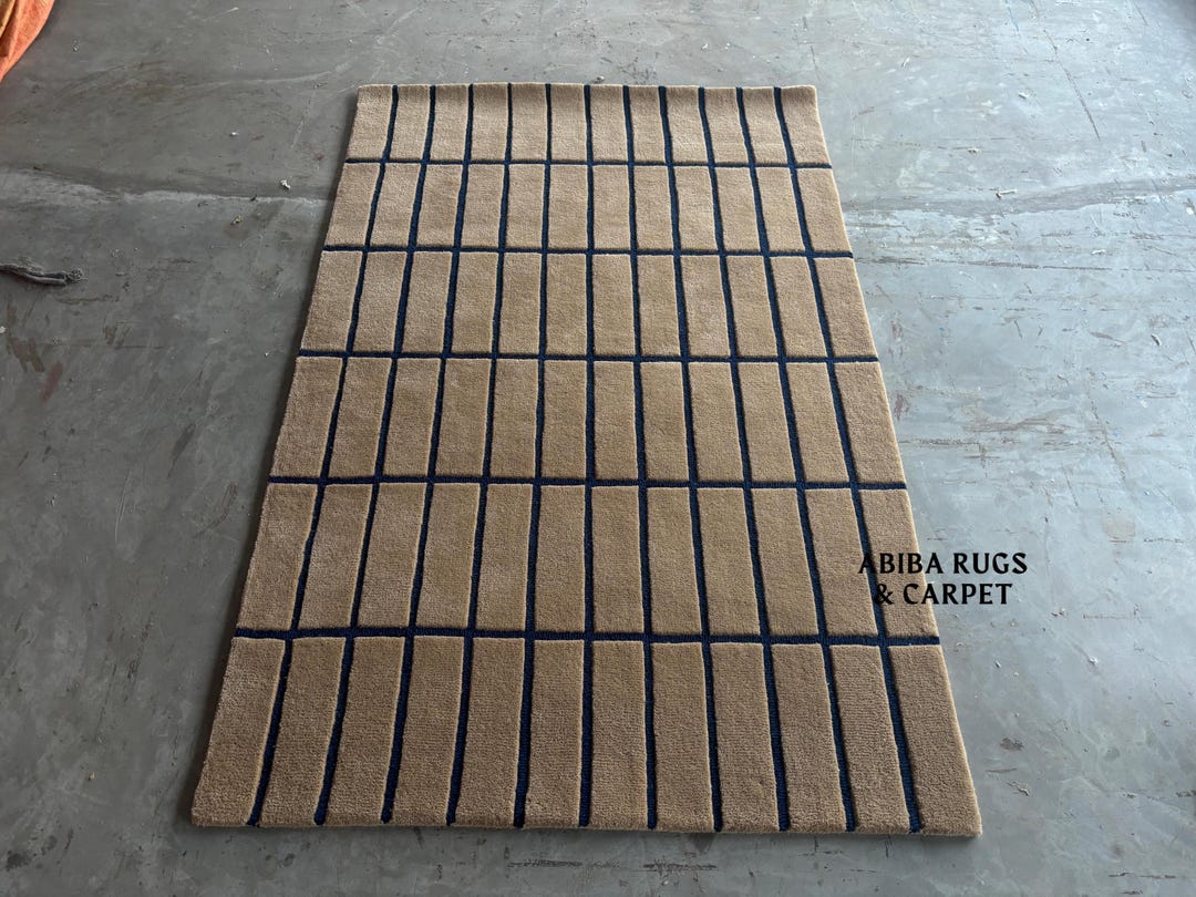 Modern Grid Design Hand Tufted Wool Rug | Custom Beige Blue Carpet ...