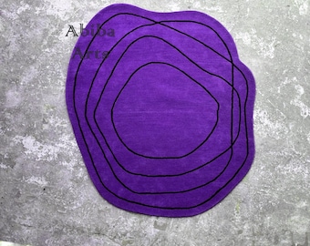 Modern Abstract Purple Rug | Irregular Handmade Wool Carpet | Minimal Line Art Rug | Aesthetic Organic Shape Floor & Wall Décor