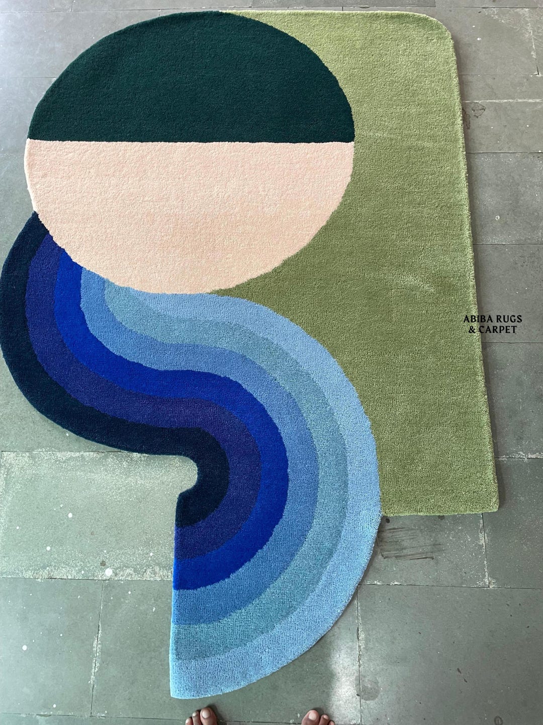 Half Life Rug Abstract Half-moon Hand-tufted Rug - Green Blue Beige Modern Area ...
