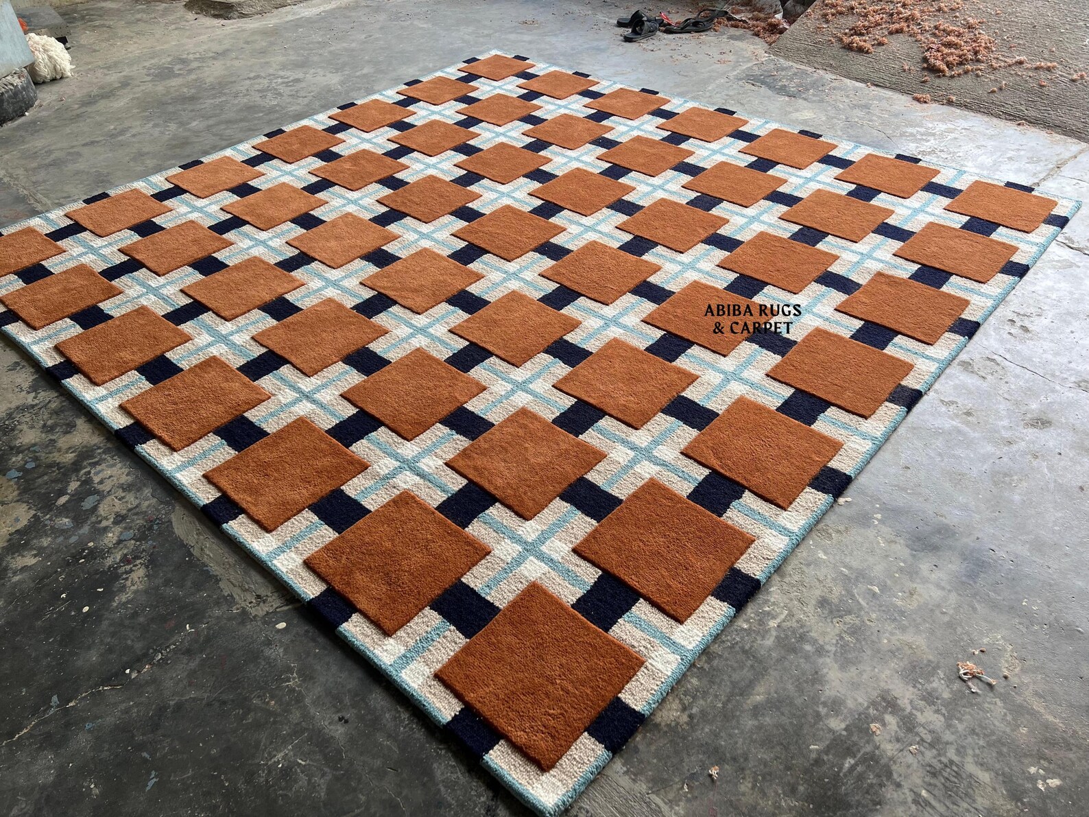 Geometric Handmade Wool Rug | Brown Square & Grid Design | Modern ...