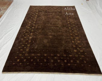 Handmade Brown Gabbeh Rug | Minimal Tribal Pattern Carpet | Wool Area Rug for Living Room | Luxury Boho Decor | Abiba Arts