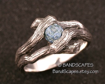 Ruwe, BLAUWE DIAMANT-trouwring. Twin Twigs-ring gemaakt van sterlingzilver. Ruwe kristal natuurlijke diamant