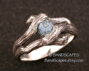 Raw, BLUE DIAMOND Wedding Ring. Twin Twigs ring made in sterling silver. Rough Crystal Natural Diamond