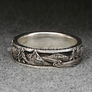 PEAKS, PINES, and RIVERS - A Highly Detailed Wedding Band in Sterling Silver, Mountains, Pine Trees,  Handcarved Detail