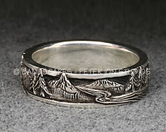 PEAKS, PINES, and RIVERS - A Highly Detailed Wedding Band in Sterling Silver, Mountains, Pine Trees,  Handcarved Detail