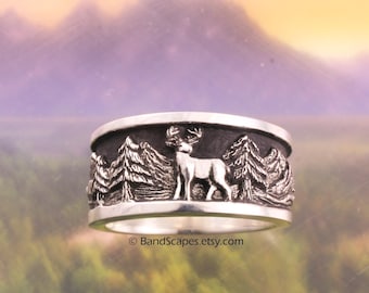 DEER In The Mountains Ring, Handmade in Sterling Silver, Mountain Wedding Band