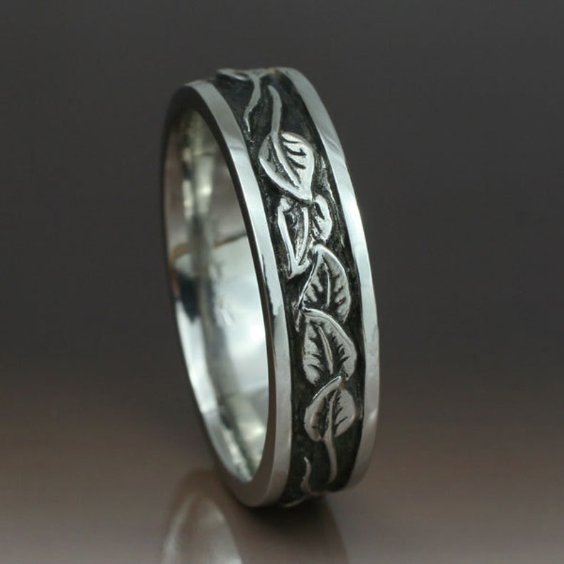CIRCLING LEAVES Wedding Band. 6mm width. This ring in sterling silver. Leaf Ring, Leaf Band image 1