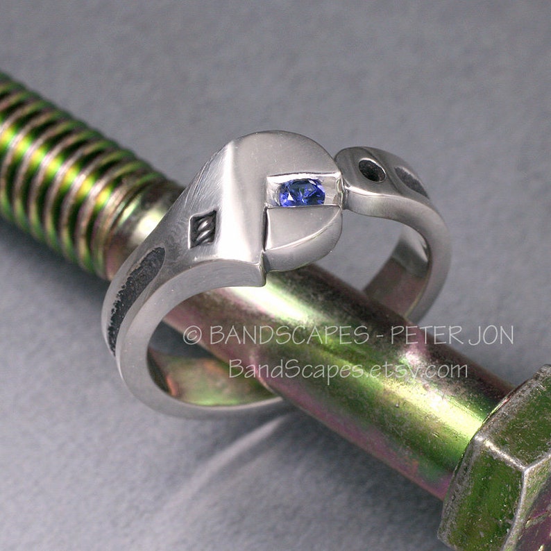 Sterling WRENCH WEDDING BAND with Genuine Sapphire. A real wedding ring for all mechanics image 1
