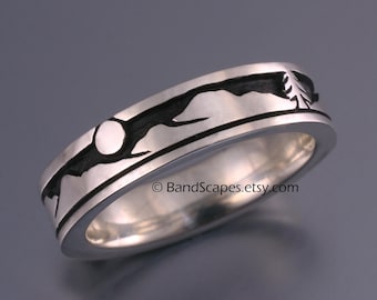 MOON OVER MOUNTAINS Wedding Band, 5.5mm width, in Sterling Silver, Pine Tree Ring, Pine Band, Mountain Band