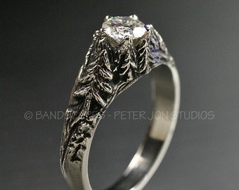 CRYSTAL PEAKS .50ct. Moissanite in 14k White Gold. Engagement Wedding Ring Set, Pine, Pine Tree Ring, Mountain Ring
