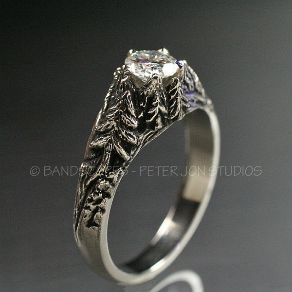 CRYSTAL PEAKS .50ct. Moissanite in 14k White Gold. Engagement Wedding Ring Set, Pine, Pine Tree Ring, Mountain Ring