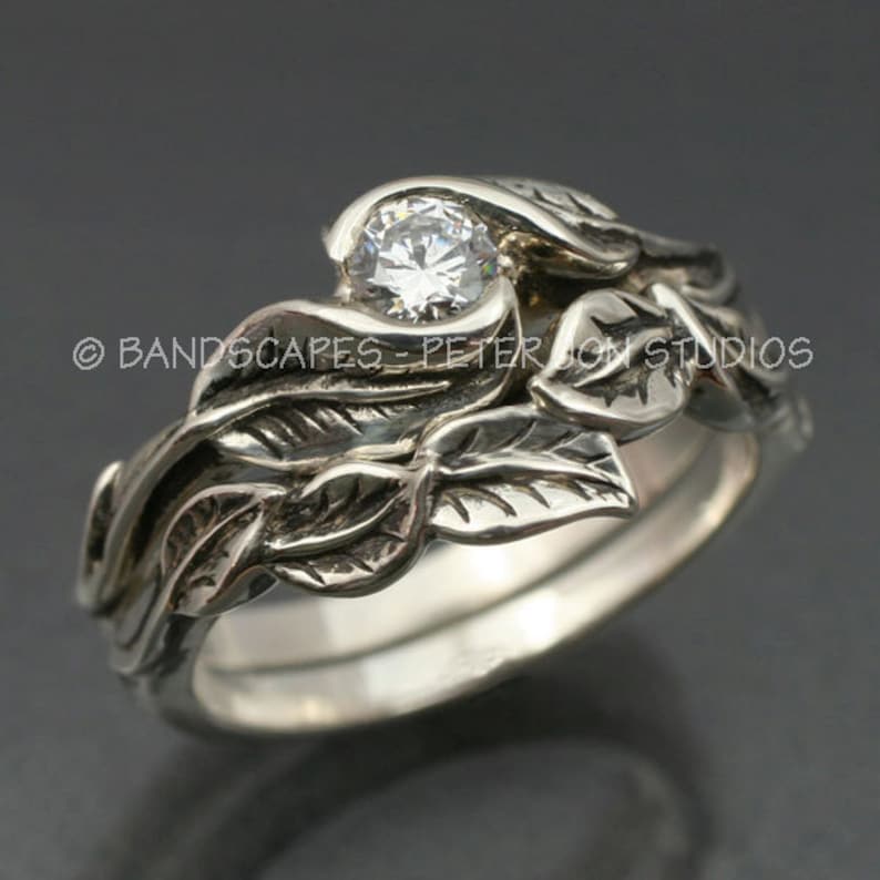 MOISSANITE DELICATE LEAF Engagement Ring with matching Wedding Band in Sterling Silver image 1