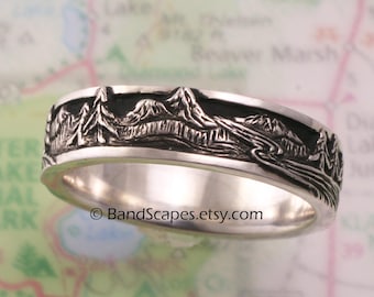 PEAKS, PINES, and RIVERS - A Highly Detailed Wedding Band in Sterling Silver, Mountains, Pine Trees,  Handcarved Detail