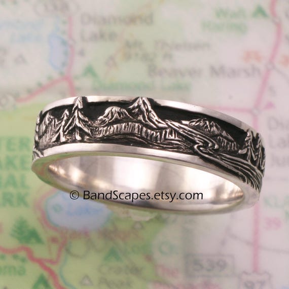 PEAKS, PINES, and RIVERS - A Highly Detailed Wedding Band in Sterling Silver, Mountains, Pine Trees,  Handcarved Detail