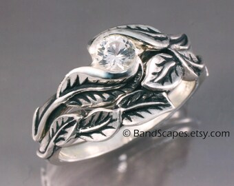 WEDDING RING SET -Delicate Leaf Engagement ring with matching Wedding Band.  This set in sterling silver