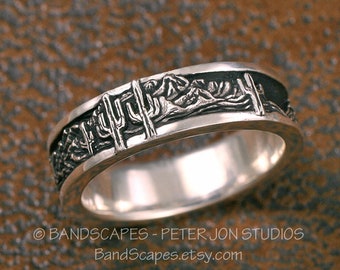 ARIZONA South-West Landscape - A Highly Detailed Wedding Band in Sterling Silver, Mountains, Cactus,  Handcarved Detail