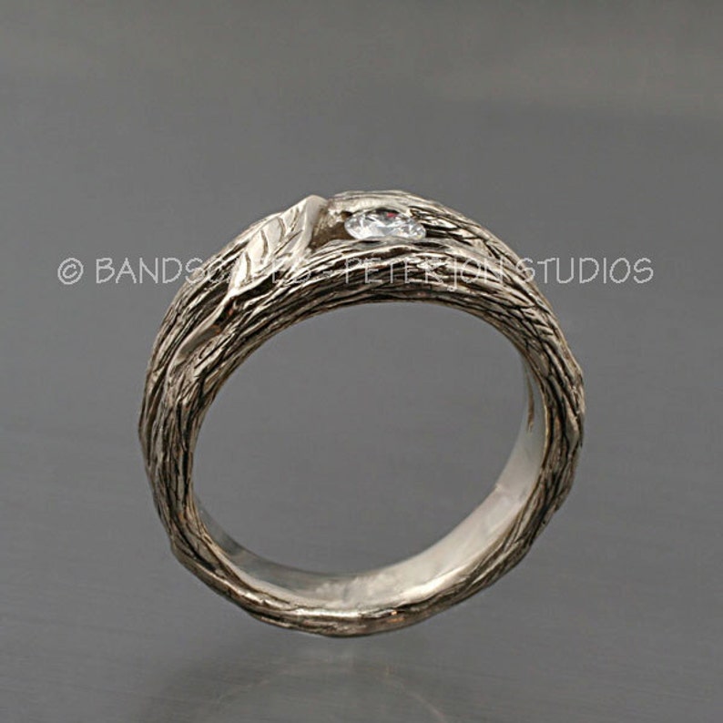 SOLITAIRE LEAF and White Sapphire, A Twig Ring in Sterling Silver. Twig and Leaves Wedding Ring image 2