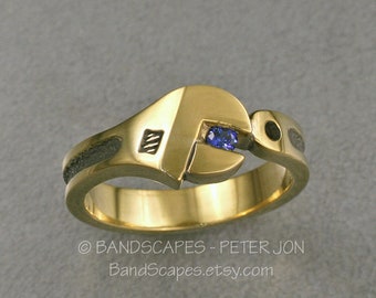 14k Gold WRENCH WEDDING BAND  with Genuine Sapphire.  A real wedding ring for all mechanics