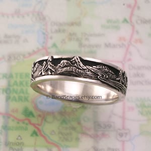 PEAKS, PINES, and RIVERS - A Highly Detailed Wedding Band in Sterling Silver, Mountains, Pine Trees,  Handcarved Detail