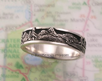 PEAKS, PINES, and RIVERS - A Highly Detailed Wedding Band in Sterling Silver, Mountains, Pine Trees,  Handcarved Detail