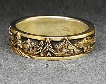 14k Gold PEAKS, PINES, and RIVERS - A Mountain Ring Wedding Band in Fine, Handcarved Detail, Your Choice of Yellow, White, or Rose Gold
