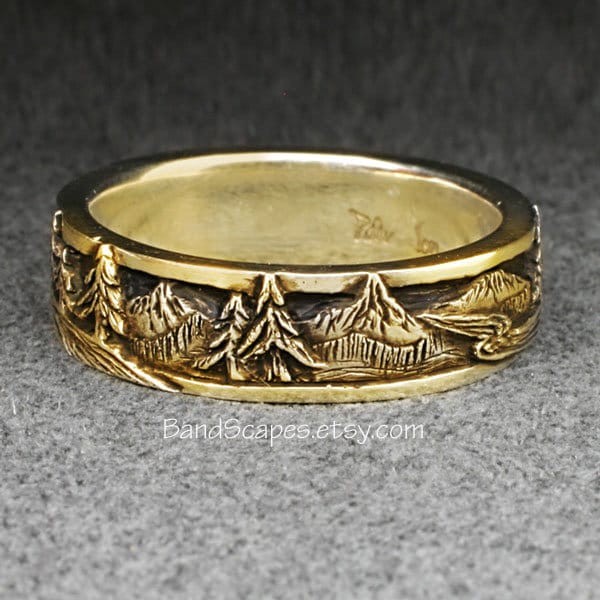 14k gouden PIEKEN, DEnnen en RIVIEREN - Een bergringtrouwring van fijn, handgesneden detail, keuze uit geel, wit of roségoud