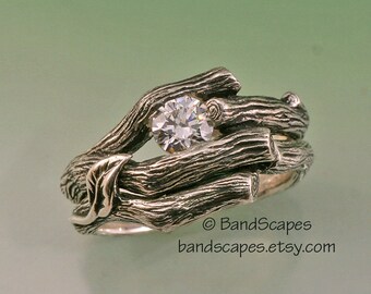 HEARTWOOD with MOISSANITE, Wedding Rings, Engagement Set, Bridal Set, Handmade in Sterling Silver