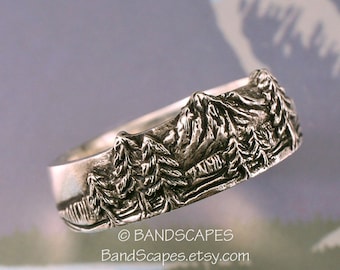 THE SENTINEL Mountain Ring, Wedding Band, Handmade in Sterling Silver, Pine Tree Ring, Pine Band, Mountain Band