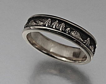 LANDSCAPE Wedding Band, 5.5mm wide, Handmade in Sterling Silver, Mountain band, Mountain ring