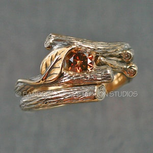 Gold and Cinnamon Diamond, KIJANI Wedding Set, Engagement Ring and matching Wedding Band, 14k yellow, white or rose gold