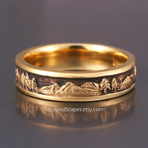MOUNTAIN LANDSCAPE Wedding Band, 5.5mm wide, in 14k yellow, rose  or white gold, Pine Tree Ring, Pine, Mountain Wedding Ring