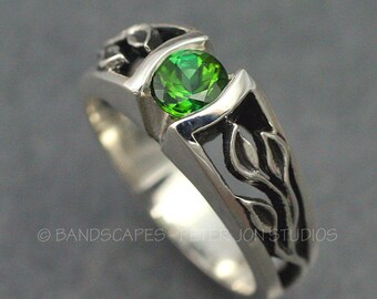 STERLING, 3-LEAF Ring with Green Tourmaline or Your Choice of Stone,  Twig and Leaf, Delicate Leaf,