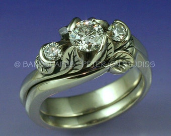 All Moissanite PACIFIC WILLOW 3-Stone Wedding Ring set. Made to order in Rose, or Yellow, or White gold